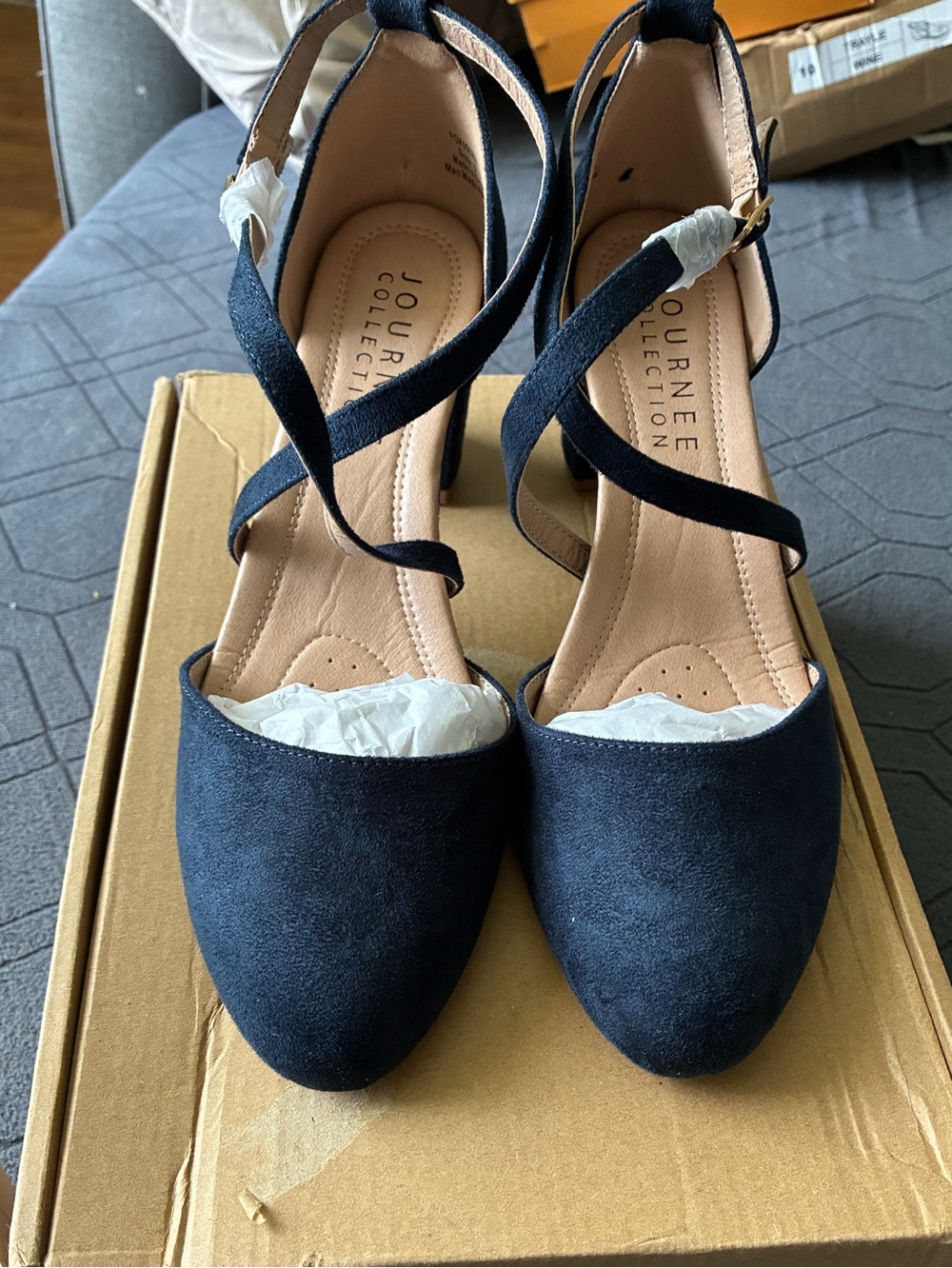 Journee Collection Women’s Foster Navy Suede Ankle Strap Block Heels - Picture 2 of 10